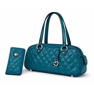 Brighton Teal Quilted Leather Purse & Matching Glasses Case Heart Hardware Set